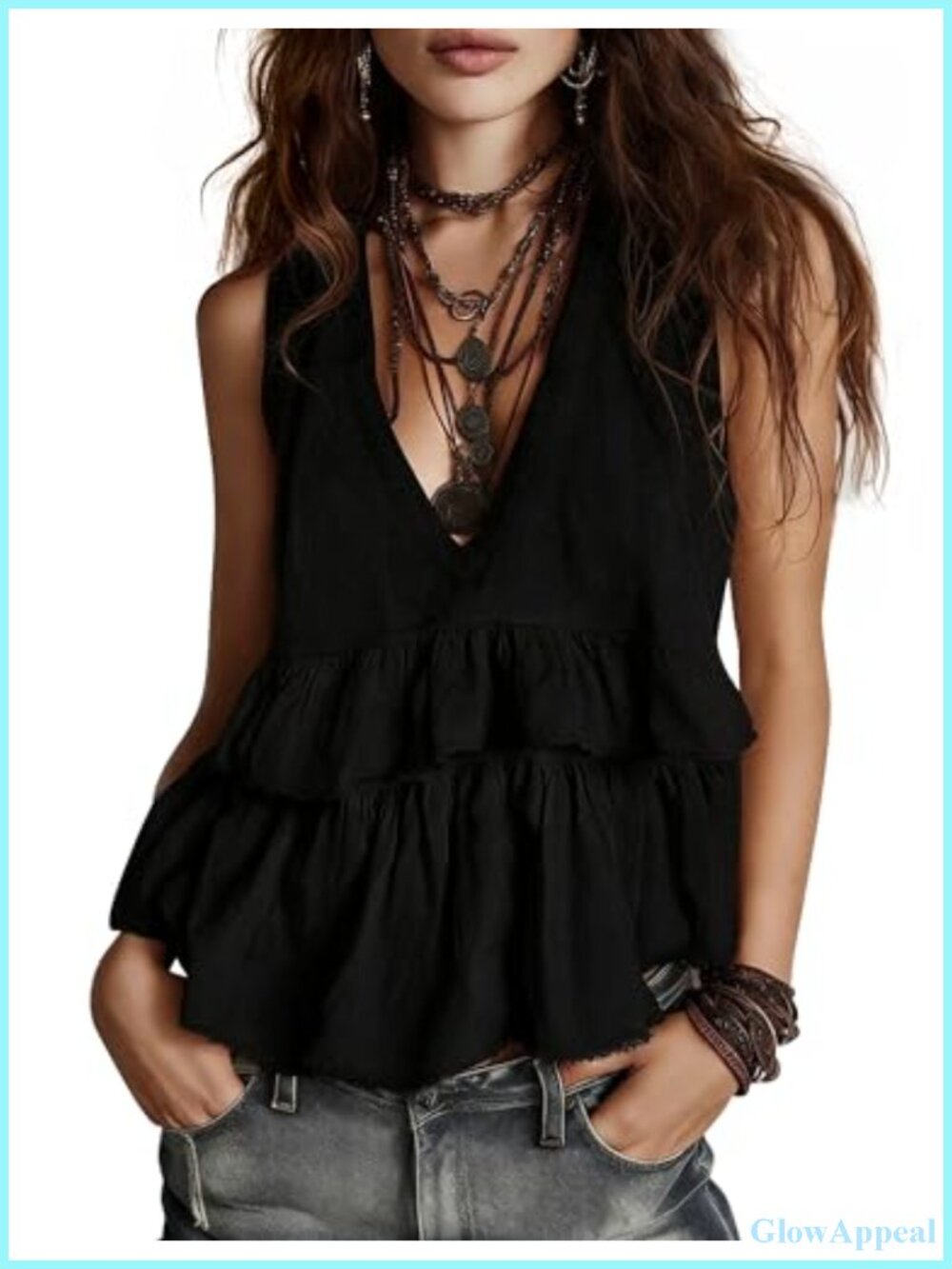 Women's Cotton Linen Babydoll Tank Top V Neck Peplum Ruffle Hem Sleeveless